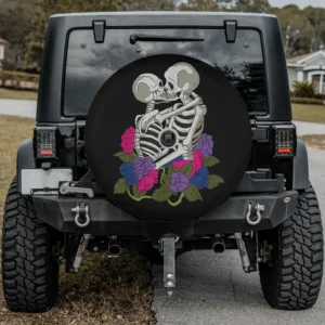 Skeleton couple bi pride flag flowers spare tire cover with camera hole option