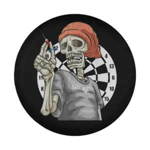 Cartoon skeleton with red beanie and dartboard Halloween tire cover art