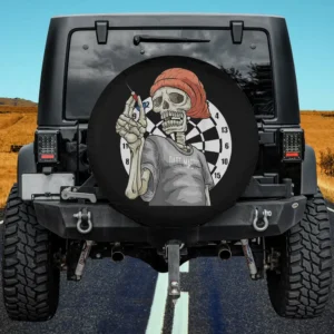 Skeleton in red beanie aiming dart at dartboard Halloween spare tire cover