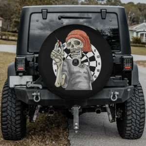 Skeleton darts player with red beanie and dartboard design spare tire cover