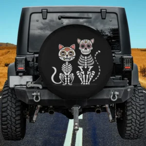 skeleton dogs sugar skull cat halloween spare tire cover with no camera hole on Jeep