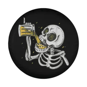 cartoon skeleton drinking beer mug funny halloween tire cover design