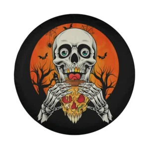 Cartoon skeleton eating pizza with haunted trees Halloween tire cover art