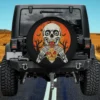 Skeleton eating pizza with haunted trees and bats Halloween spare tire cover no camera hole