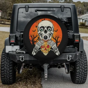 Skeleton eating pizza with haunted trees Halloween spare tire cover with backup camera hole