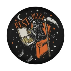 funny skeleton eating pizza orange chair halloween spare tire cover art