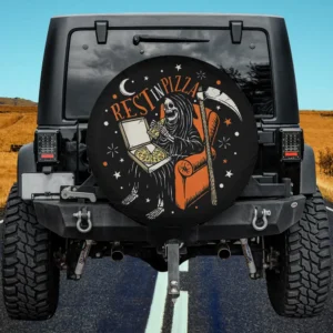 skeleton eating pizza in orange chair with scythe halloween spare tire cover no camera hole