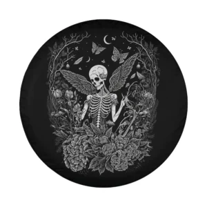 Hand-drawn skeleton fairy with peony flowers and butterflies, Halloween floral spare tire cover art