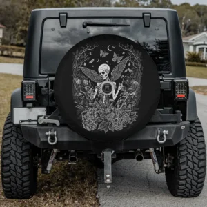 Skeleton fairy with floral peonies, butterflies, and crescent moon on spare tire cover with camera hole