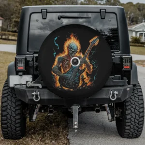skeleton fire guitar rock band halloween spare tire cover with camera hole for SUV RV