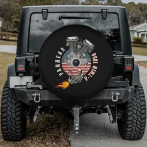 1950 Panhead VTwin skeleton flame Americana spare tire cover with backup camera hole