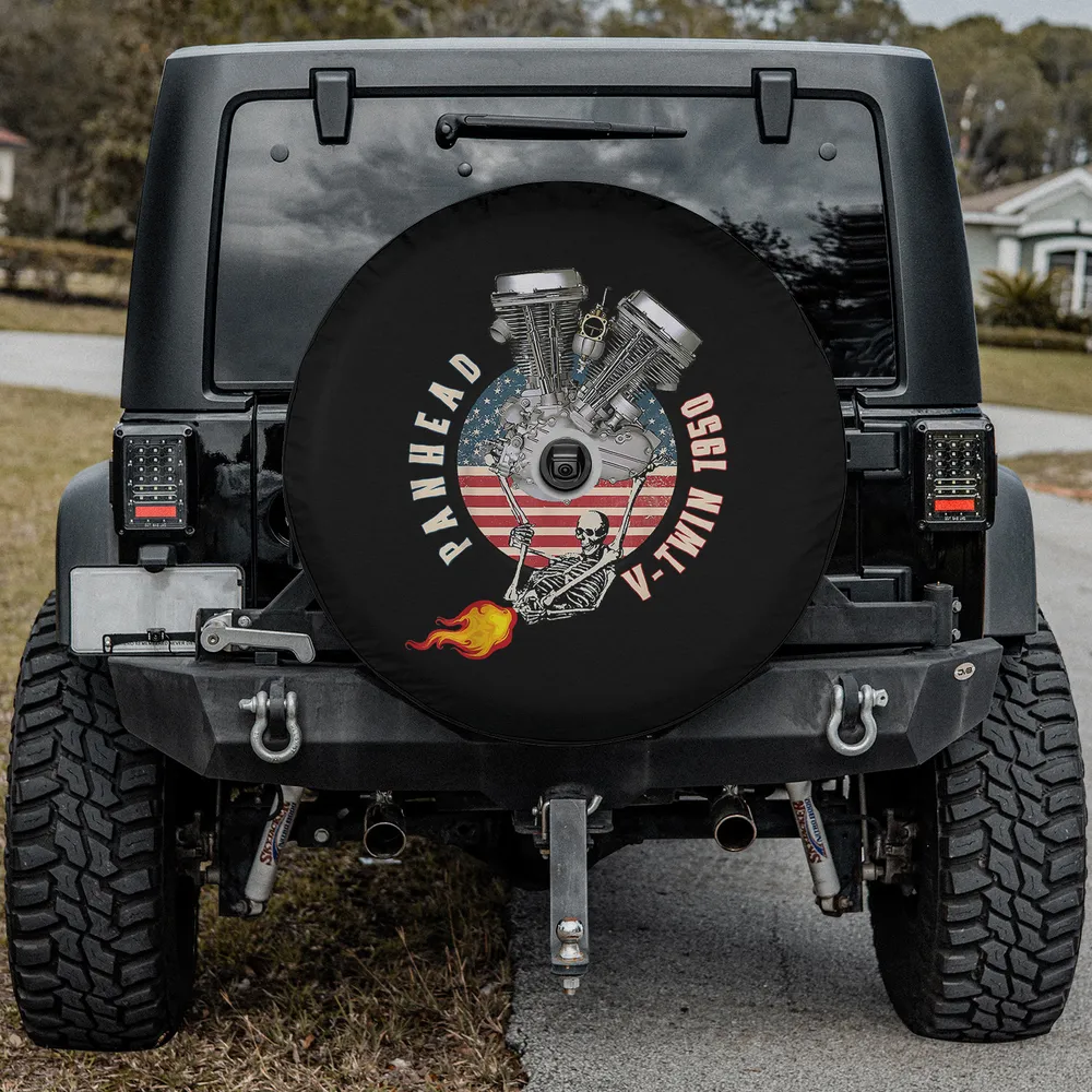 1950 Panhead VTwin skeleton flame Americana spare tire cover with backup camera hole