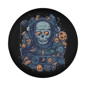 Cartoon skeleton gamer with Halloween game controllers tire cover design only