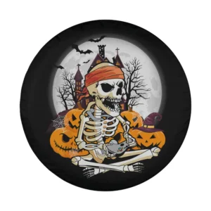 Halloween skeleton gamer haunted house pumpkins funny kids tire cover design
