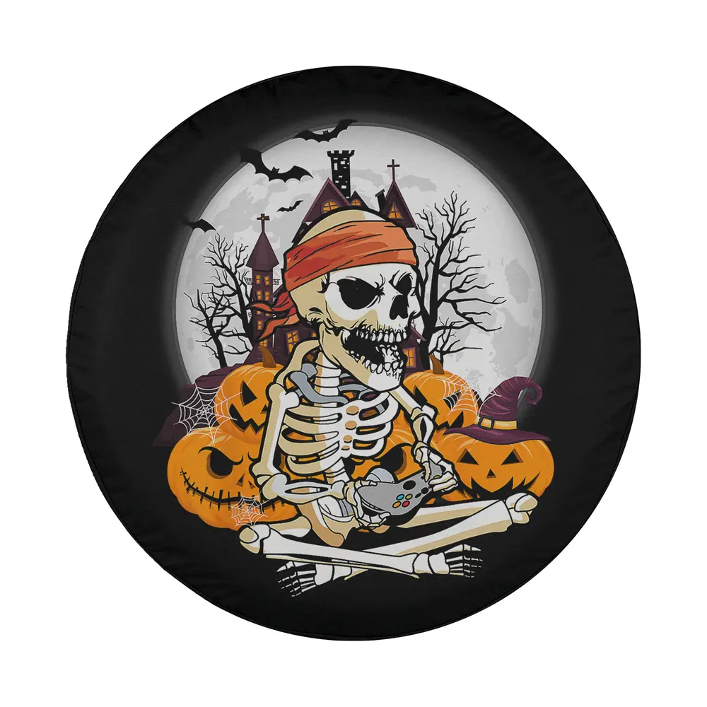 Halloween skeleton gamer haunted house pumpkins funny kids tire cover design