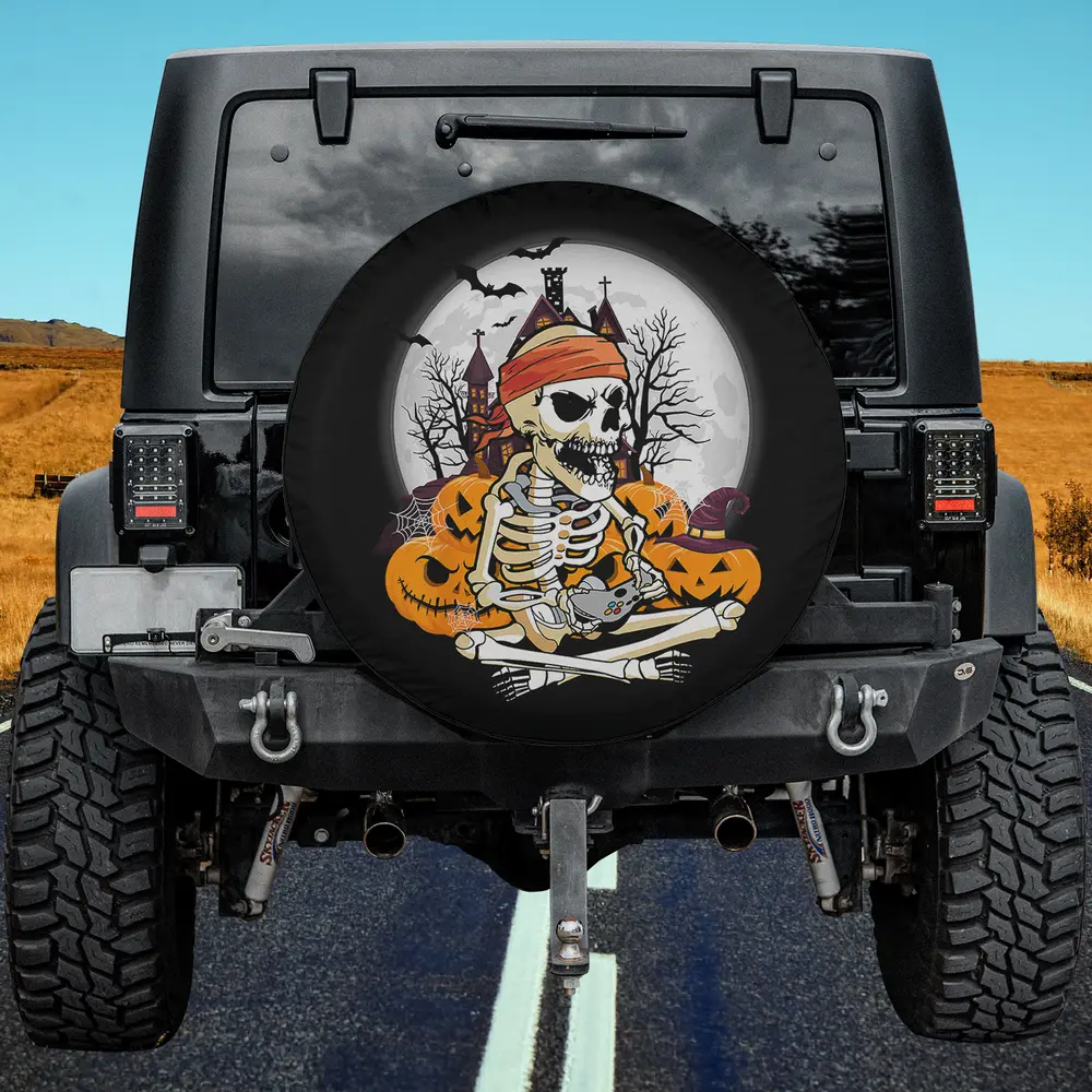 Skeleton gamer with haunted house and pumpkins Halloween spare tire cover no camera hole