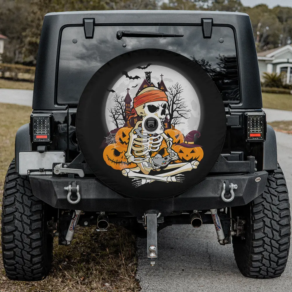 Skeleton gamer haunted house pumpkins Halloween spare tire cover with backup camera hole