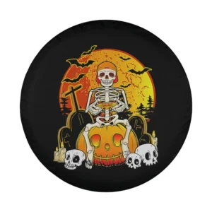 Skeleton gamer pumpkin moon Halloween spare tire cover design illustration