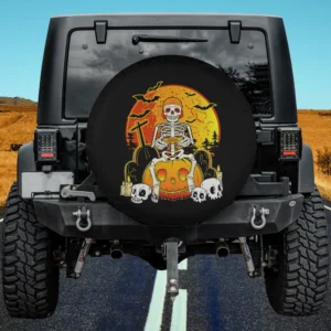 Skeleton gamer on pumpkin with moon and skulls Halloween spare tire cover no camera hole