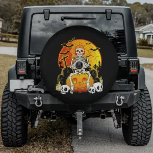 Skeleton gamer on pumpkin with moon and skulls Halloween spare tire cover with camera hole