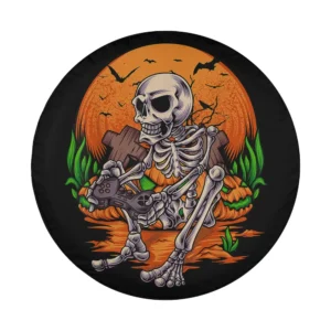 Skeleton gamer with pumpkins and bats Halloween design for spare tire cover