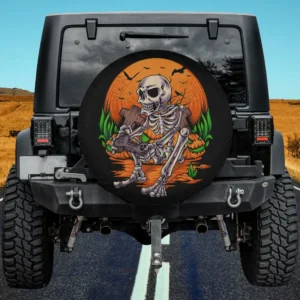 Skeleton gamer with pumpkins and bats Halloween spare tire cover no camera hole