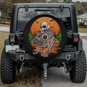 Skeleton gamer with pumpkins and bats Halloween spare tire cover with camera hole