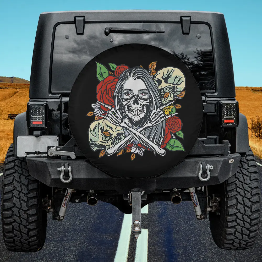 Skeleton girl with red roses and skulls rock roll spare tire cover no camera hole