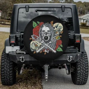 Skeleton girl red roses skulls rock roll spare tire cover with backup camera hole