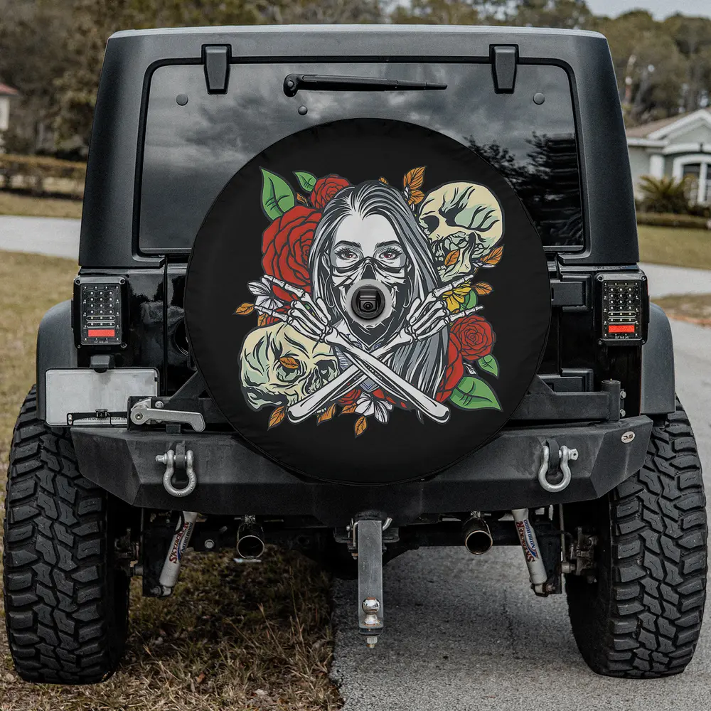 Skeleton girl red roses skulls rock roll spare tire cover with backup camera hole
