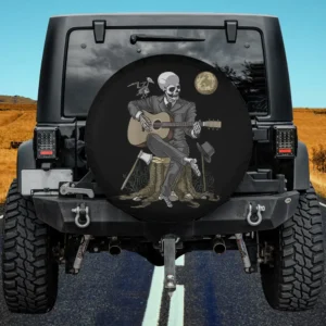 Skeleton in suit playing guitar under full moon with raven Halloween spare tire cover no camera hole