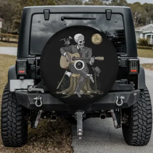 Skeleton guitar full moon spooky Halloween spare tire cover with backup camera hole for Jeep RV