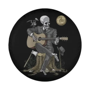 Funny skeleton playing guitar with raven and full moon Halloween tire cover design