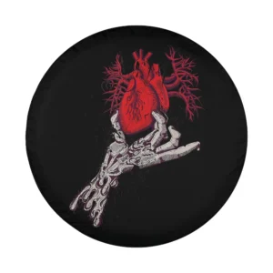 Detailed skeleton hand and anatomical heart Halloween tire cover design