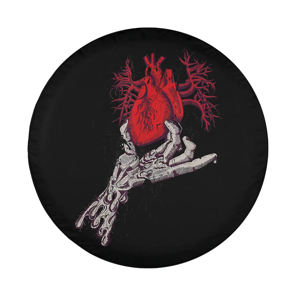 Detailed skeleton hand and anatomical heart Halloween tire cover design