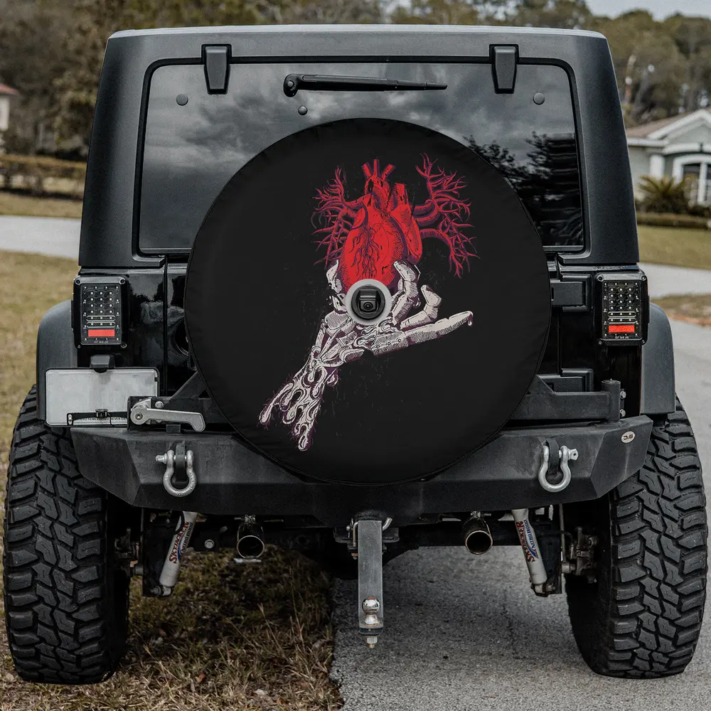 Skeleton hand anatomical heart Halloween spare tire cover with backup camera hole