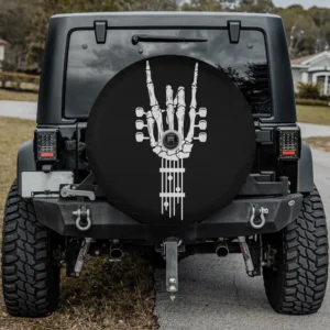 Skeleton hand guitar strings rock and roll spare tire cover with backup camera hole