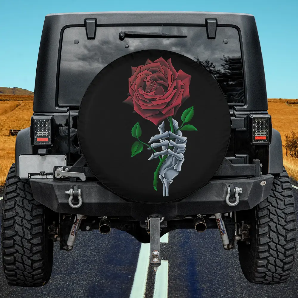 Skeleton hand holding red rose flower Halloween spare tire cover for Jeep RV