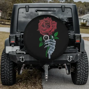 Skeleton hand red rose flower spare tire cover with backup camera hole Jeep SUV