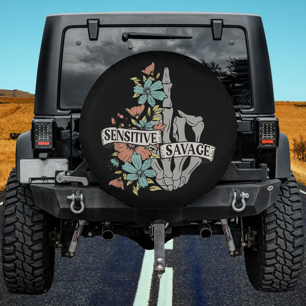Skeleton hand wildflowers sensitive savage spare tire cover with no camera hole on Jeep