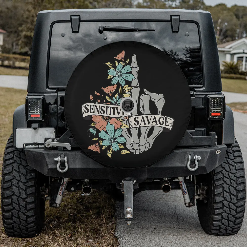Skeleton hand wildflowers sensitive savage spare tire cover with backup camera hole for SUV