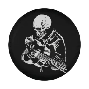 Skeleton head playing acoustic guitar rock Halloween design closeup