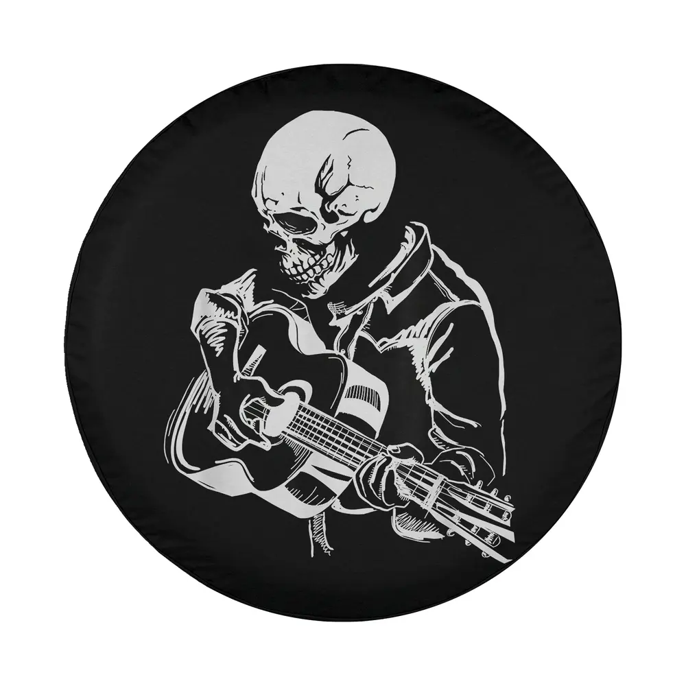 Skeleton head playing acoustic guitar rock Halloween design closeup