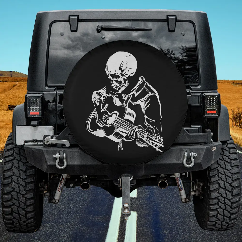 Skeleton head playing acoustic guitar rock Halloween spare tire cover no camera hole