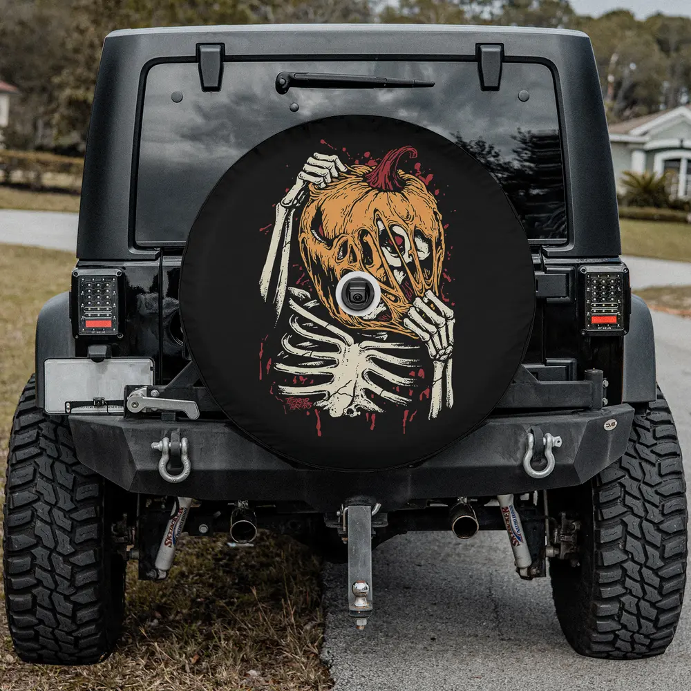 Skeleton ripping pumpkin face vintage halloween spare tire cover with camera hole