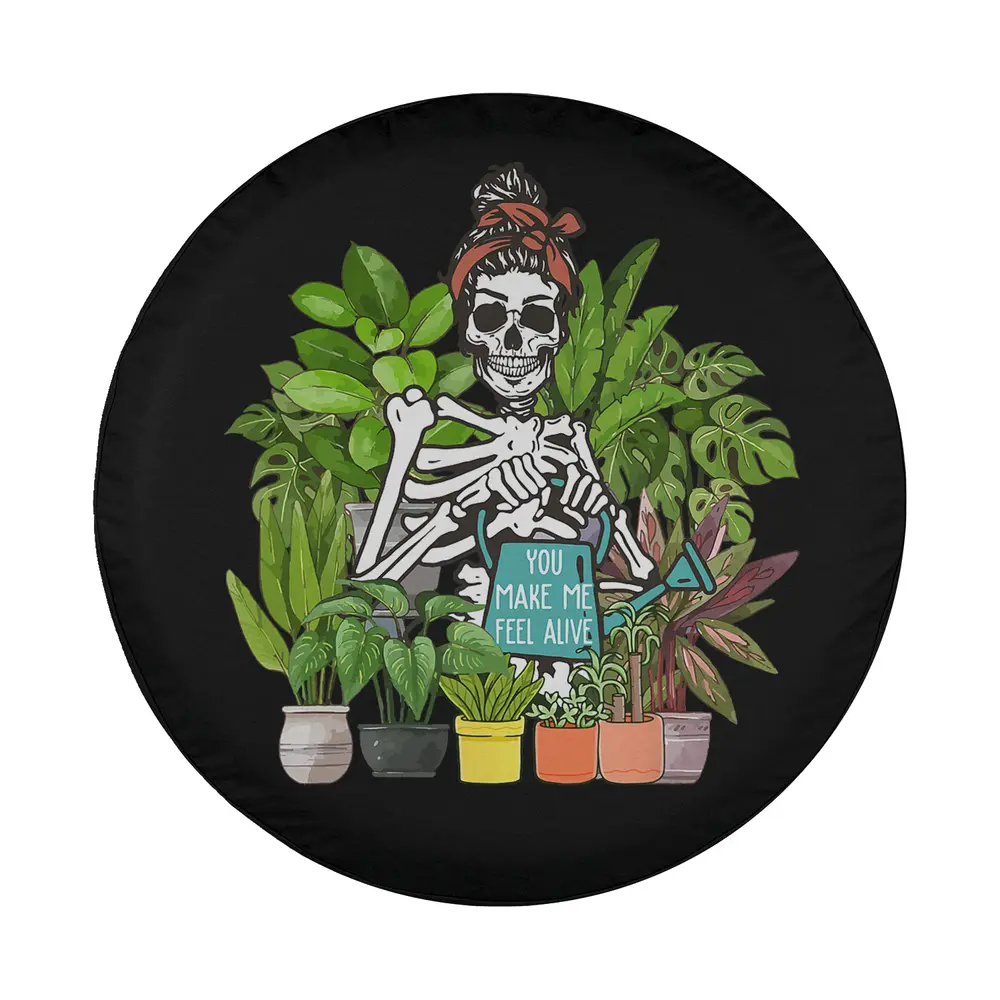skeleton with red headband potted plants Halloween tire cover design only