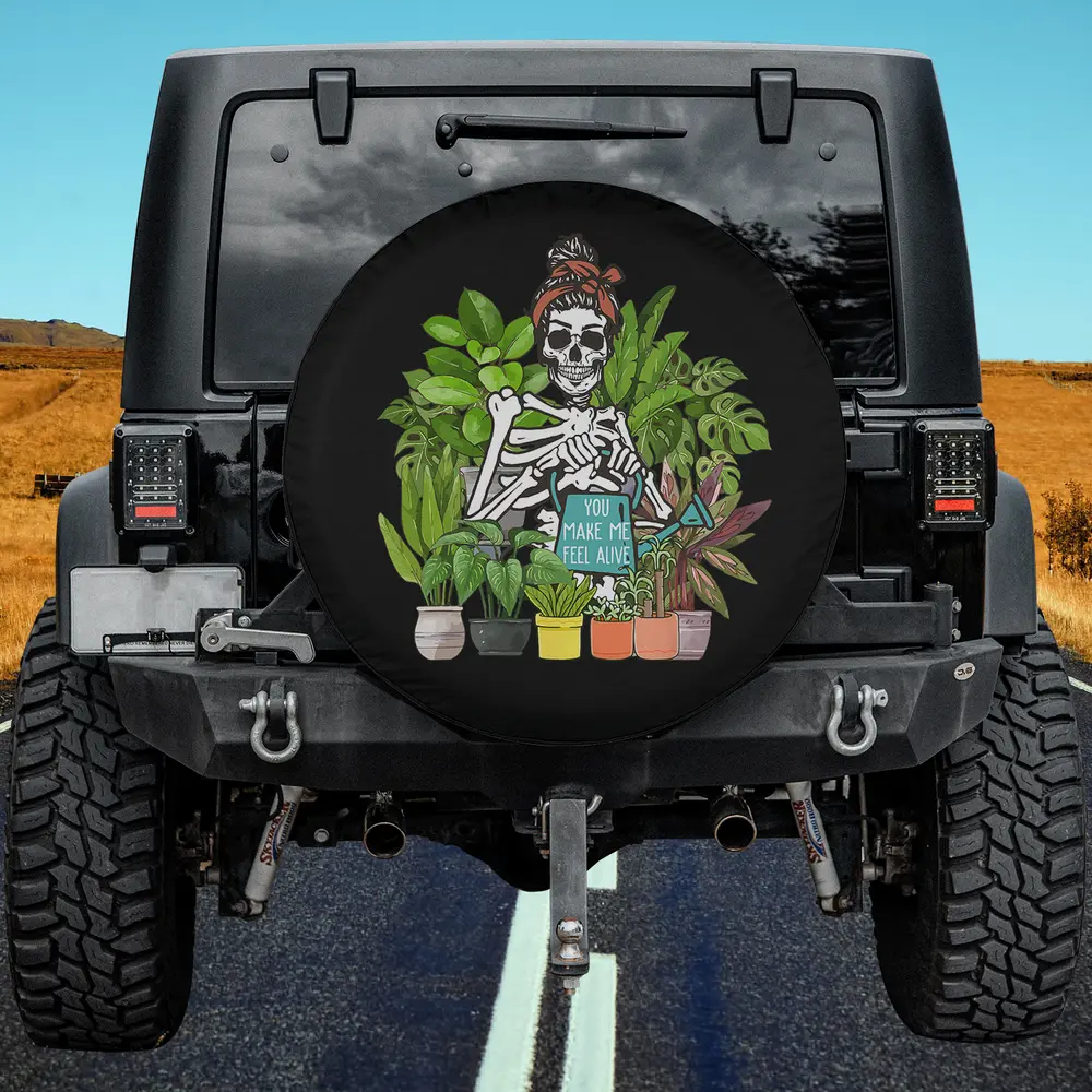 skeleton with red headband and potted plants spare tire cover no camera hole
