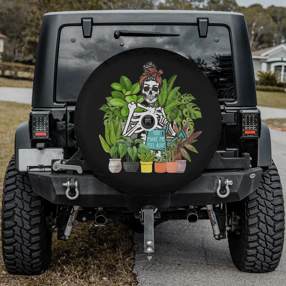 skeleton with red headband and potted plants spare tire cover with camera hole