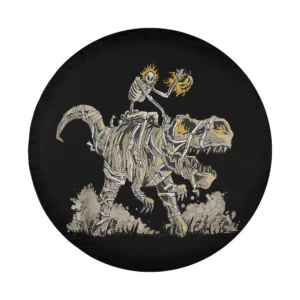 Funny Halloween skeleton riding mummy dinosaur pumpkin spare tire cover design