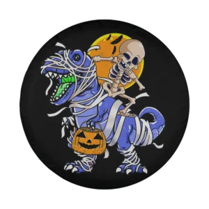 skeleton riding mummy dinosaur pumpkin halloween design closeup